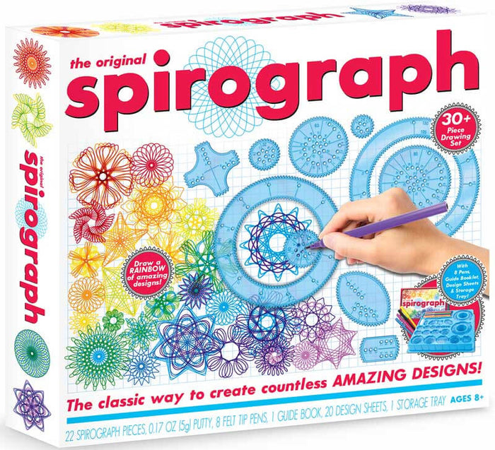 Spirograph box featuring blue circular gears, vibrant geometric patterns, and a hand drawing with a purple pen.