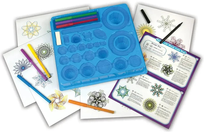 Blue plastic gear kit with colorful pens and intricate geometric patterns drawn on paper and an instruction guide.