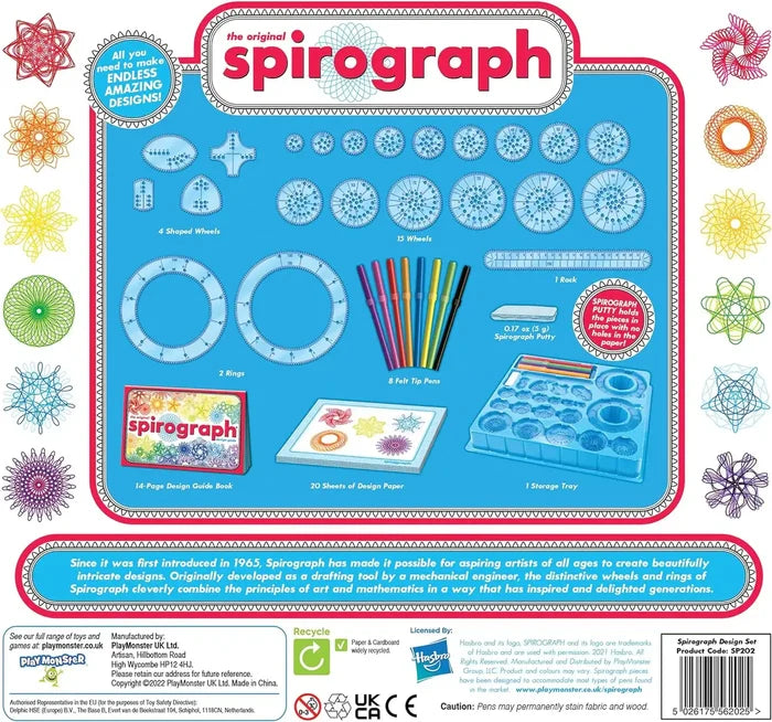 Spirograph set with blue gears, rings, 8 colorful pens, a storage tray, and design guide on a blue background.