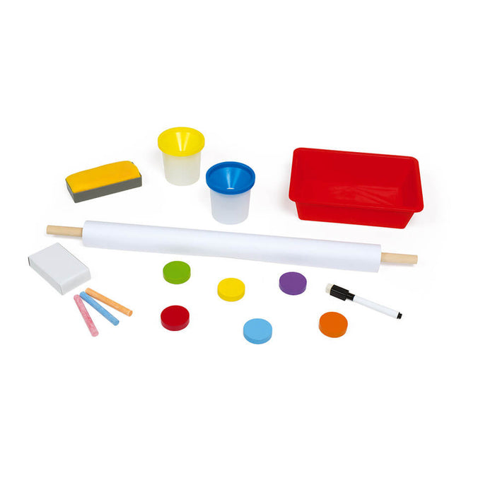 Art supply kit with a paper roll, paint cups, red tray, chalk, eraser, marker, and six colorful circular magnets.