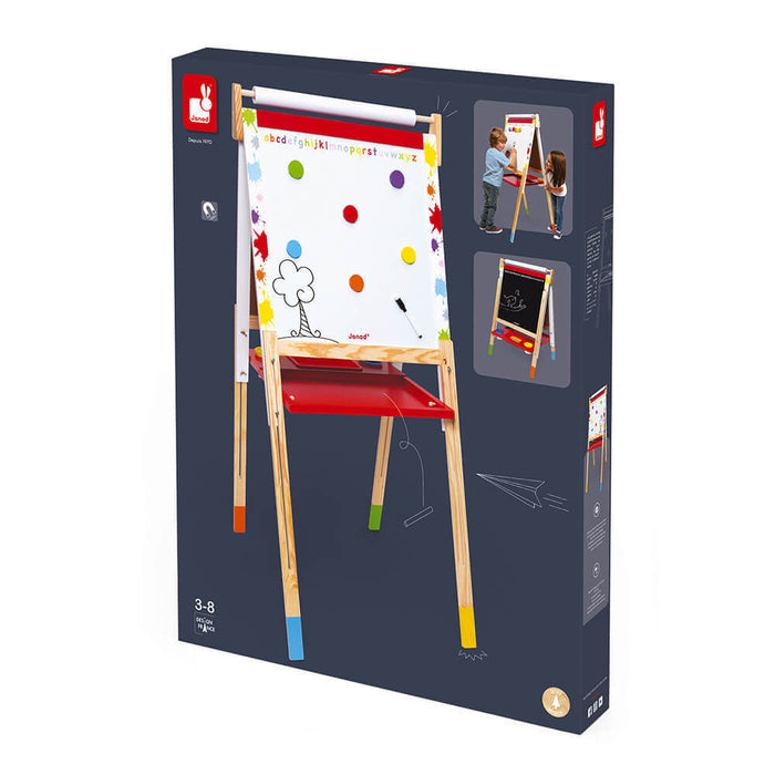 Box for wooden child's easel featuring a whiteboard with paper roll, red tray, and four multi-colored legs.