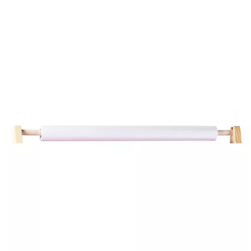 A horizontal roll of white paper on a natural wood dowel with square wooden mounting brackets at each end.
