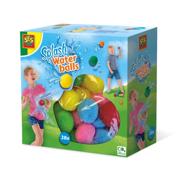 Brightly colored box of 28 soft, neon water balls with a clear window and photos of kids playing outdoors.