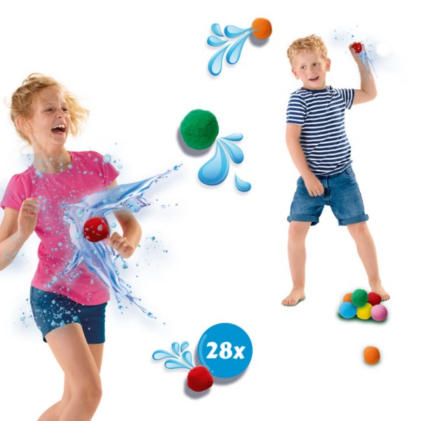 Two children playing with soft, colorful reusable water balls with blue splash effects and a 28-count icon.