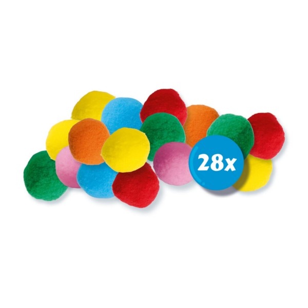 Assorted red, yellow, blue, and green fuzzy splash balls with a blue graphic indicating a 28-pack quantity.