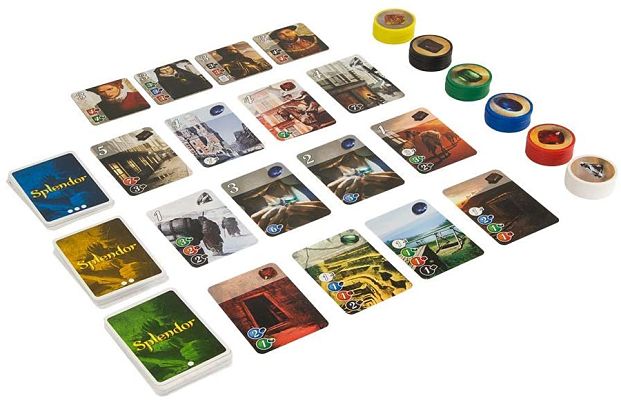 Colorful gem tokens and illustrated Renaissance cards for the Splendor board game displayed on a white background.