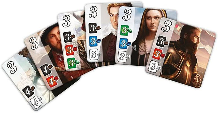 Six square game cards fanned out featuring noble character portraits and columns of colorful gemstone icons.