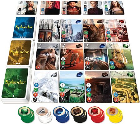 Rows of illustrated cards with Renaissance portraits and gem icons above stacks of colorful, round gem tokens.