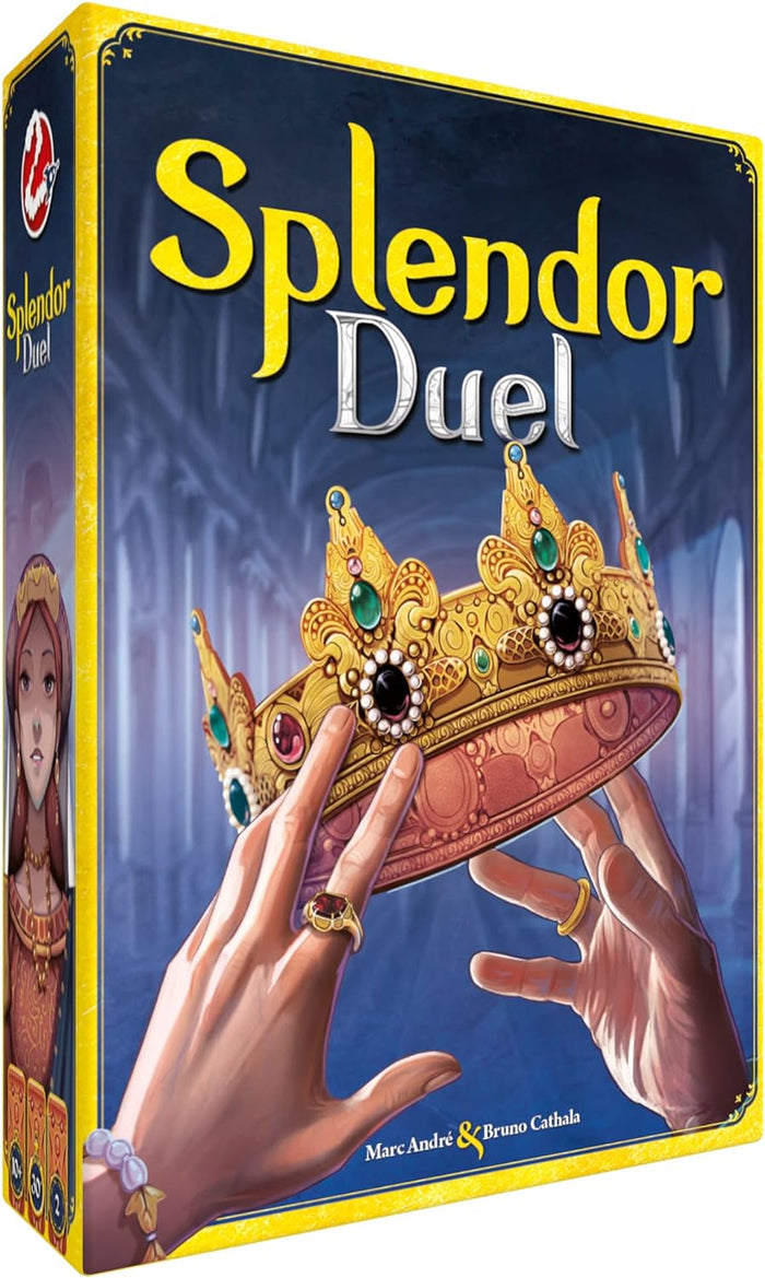 Splendor Duel game box featuring hands lifting an ornate jeweled crown against a blue background.
