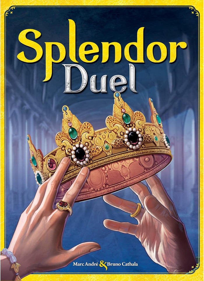 Box art for Splendor Duel showing hands lifting a gem-encrusted gold crown against a blue-toned hall.