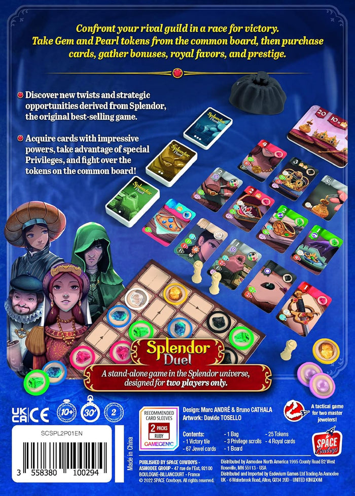 Blue back of game box showing a game in progress with colorful tokens, cards, board, and four illustrated characters.