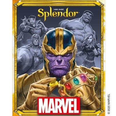 Thanos wearing the Infinity Gauntlet with monochrome Avengers behind him, set in a gold-bordered frame.