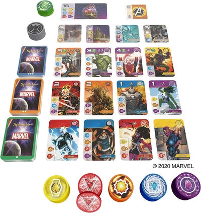 Grid of colorful Marvel superhero cards, circular gem tokens, and game decks on a white background.