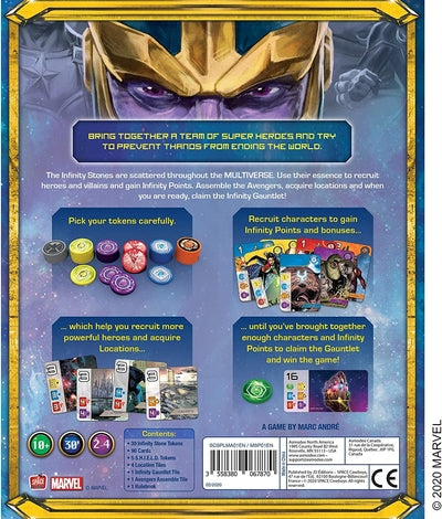 Back of game box featuring Thanos art, colorful tokens, Marvel character cards, and game details on a starry background.