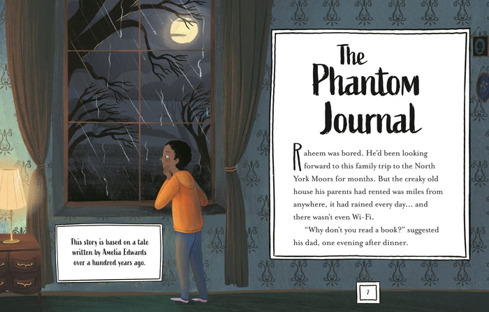 Illustrated book spread showing a boy at a rainy window at night with a full moon and text titled The Phantom Journal.