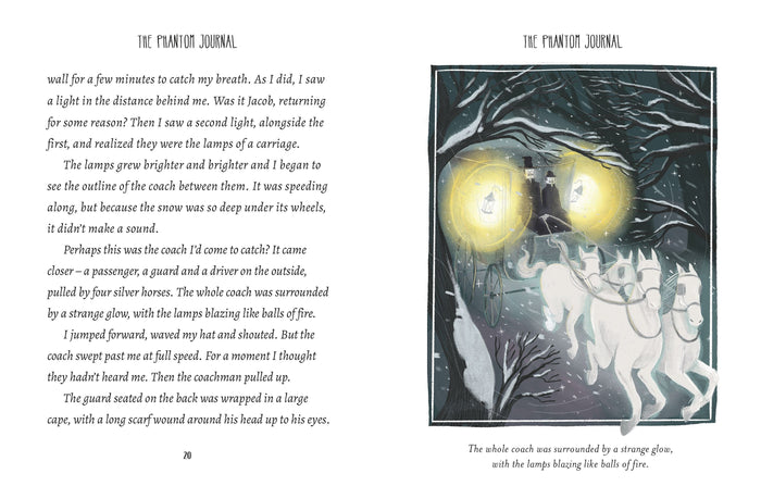Open pages of a spooky book with an illustration of a ghostly white carriage and horses in a dark, snowy forest.