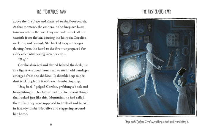 Open book spread with an illustration of a girl facing a glowing mummy in a dark, blue room filled with artifacts.