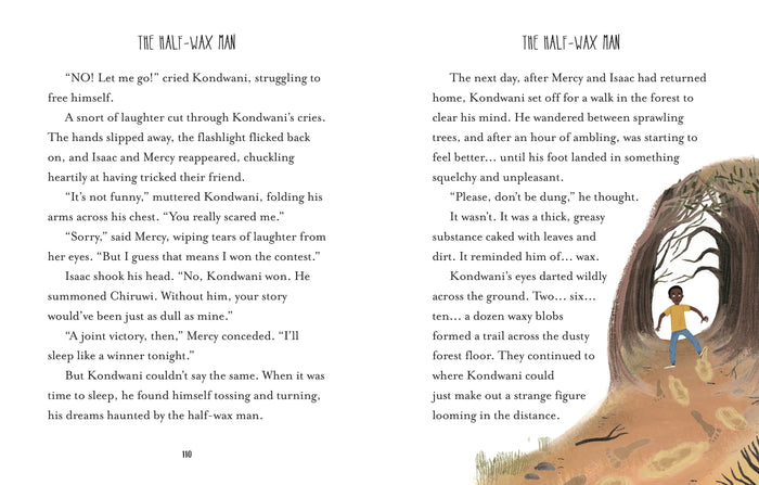 Open pages of a storybook showing a boy in a yellow shirt following a trail of waxy footprints into a dark forest.