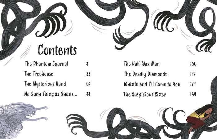 Illustrated book contents page with ghost story titles, black clawed shapes, a ghost, and a sleeping girl.