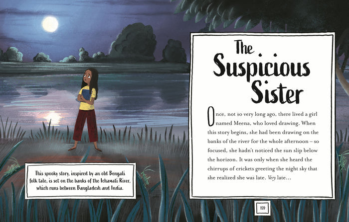 Illustrated book spread showing a girl by a moonlit river beside the story title, The Suspicious Sister.