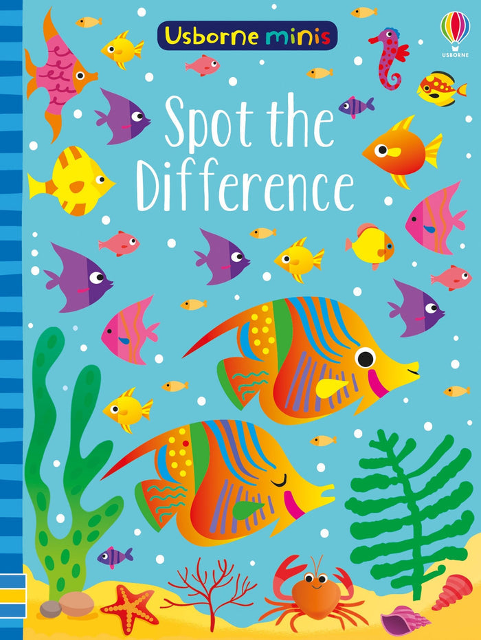 Bright blue book cover with a colorful underwater scene of various tropical fish, green seaweed, and a red crab.