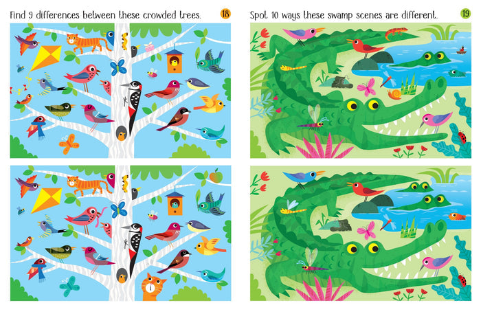 Spot the difference puzzles featuring a tree full of colorful birds and a large green alligator in a cartoon swamp.