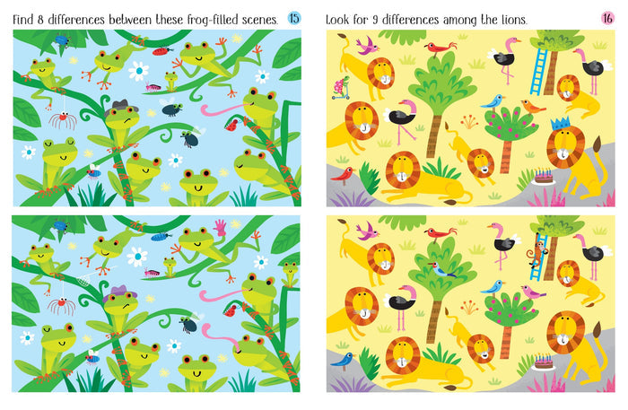 Two colorful cartoon puzzle scenes showing green frogs in a blue jungle and yellow lions in a sunny yellow savanna.