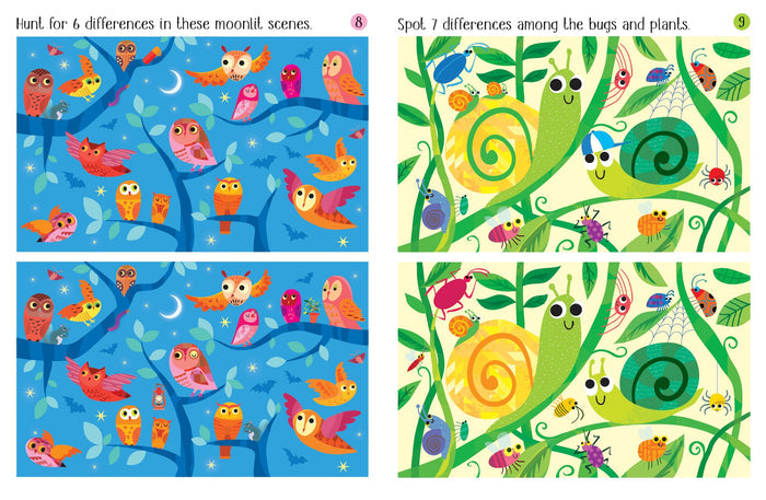 Two side-by-side spot-the-difference puzzles with vibrant cartoon illustrations of owls and garden insects.