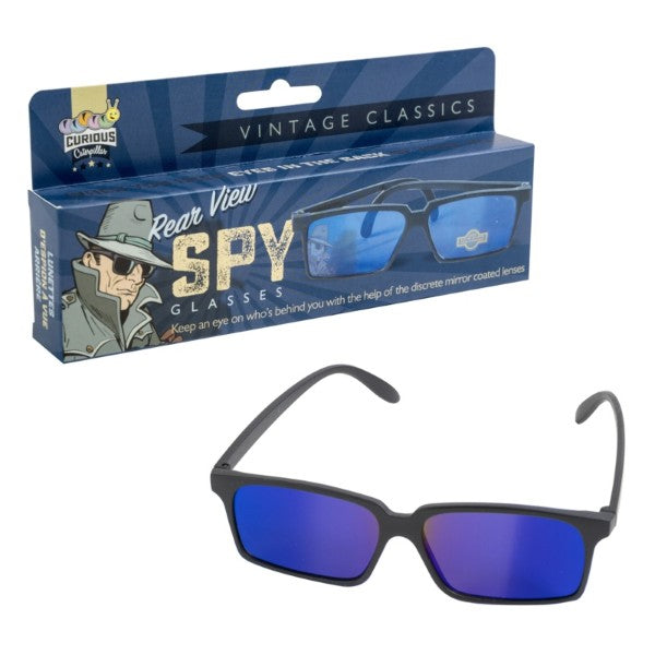 Black spy glasses with blue mirrored lenses next to a blue vintage-style box featuring a classic spy illustration.