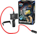 Handheld digital scope with a black screen and long red flexible camera cable beside its illustrated retail packaging.