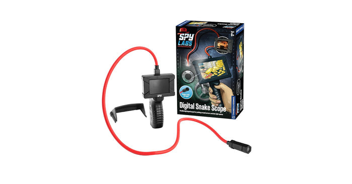 Handheld black monitor with a long red flexible camera cable, shown next to its illustrated spy-themed product box.