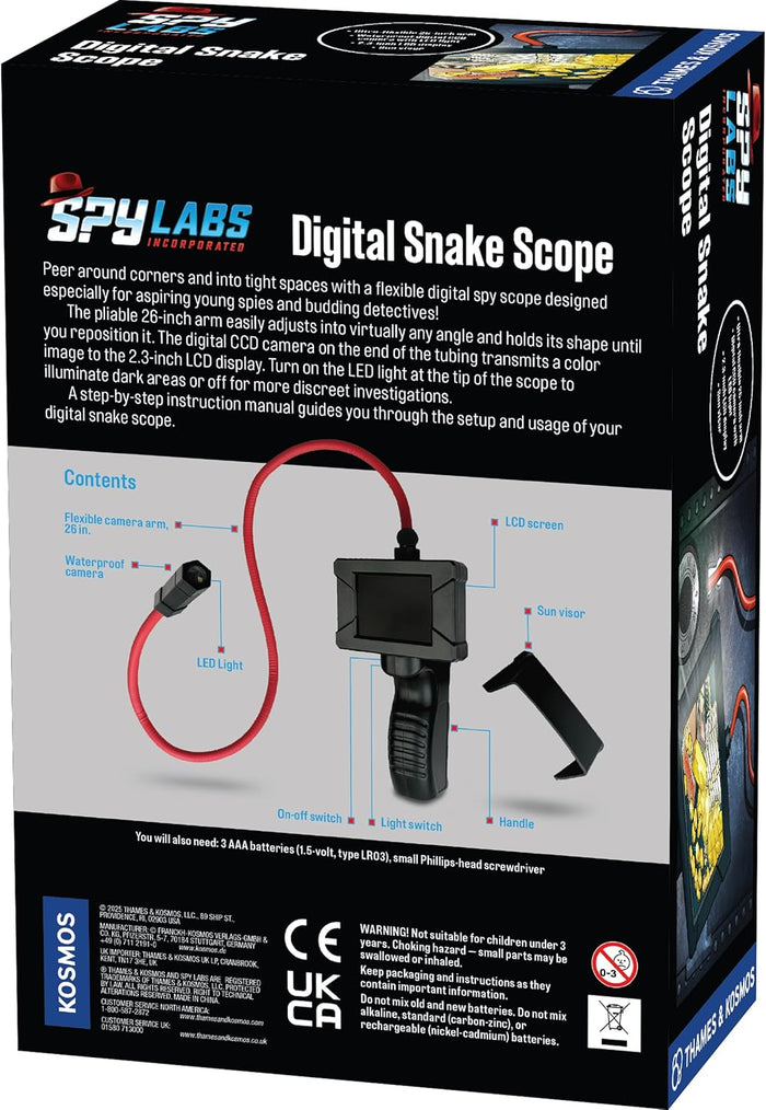 Back of a toy box for a digital snake scope showing a handheld screen with a long red flexible camera arm and labels.