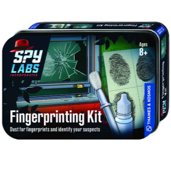 Rectangular black tin with Spy Labs logo, broken glass art, a fingerprint card, dusting brush, and dropper bottle.