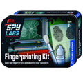 Rectangular black tin with Spy Labs logo, broken glass art, a fingerprint card, dusting brush, and dropper bottle.