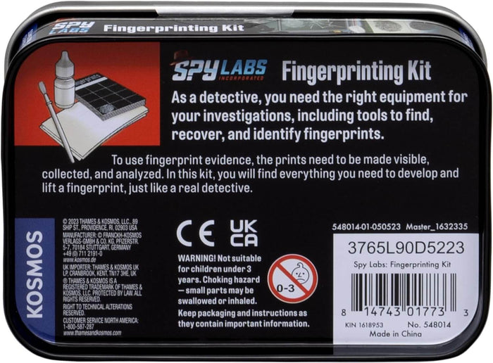 Black rectangular tin showing a red illustration of fingerprinting tools, white text, and product information labels.