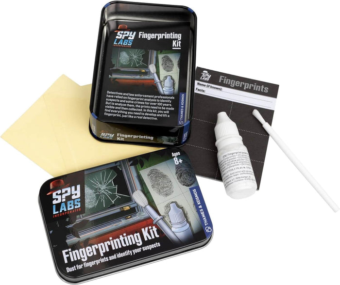 Black metal tin fingerprinting kit with powder bottle, brush, yellow envelope, and record cards for kids aged 8 plus.