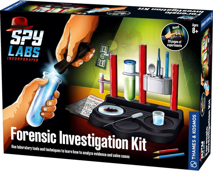 Forensic kit box art showing hands using a UV light, test tubes, and tools to examine evidence on a black background.