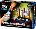 Forensic kit box art showing hands using a UV light, test tubes, and tools to examine evidence on a black background.