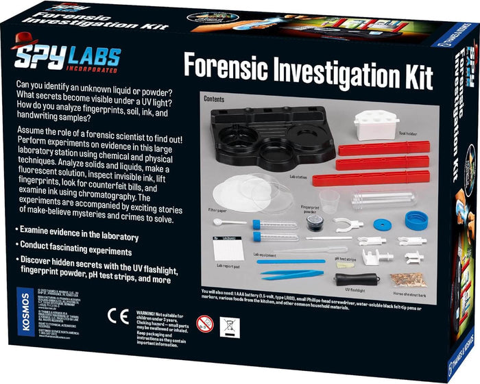 Back of a black toy box showing a lab station, UV light, and various forensic tools for science experiments.