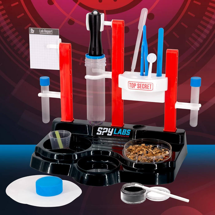 Spy lab toy set with a black base, red posts, test tubes, petri dish, and Top Secret box with investigative tools.