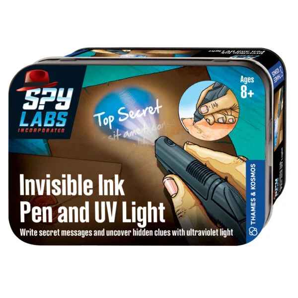 Rectangular blue tin illustrated with a UV light pen revealing white secret messages on brown paper.
