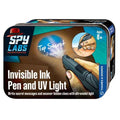 Rectangular blue tin illustrated with a UV light pen revealing white secret messages on brown paper.