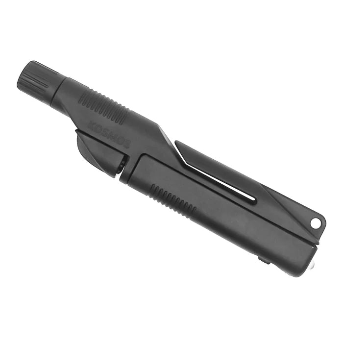 Matte black plastic spy pen with ridged grips, a pocket clip, KOSMOS logo, and a small UV light bulb at the end.