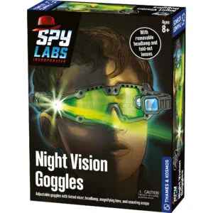 Box packaging featuring a boy wearing glowing green goggles with an attached headlamp and fold-out magnifying lenses.