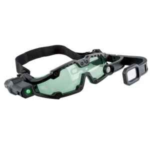 Black goggles with green lenses, a side light, and a fold-out magnifier on an adjustable head strap.