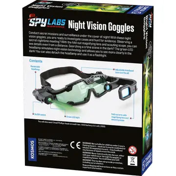 Black box featuring green-lensed goggles with an adjustable head strap, pop-out magnifier, and green LED light beam.