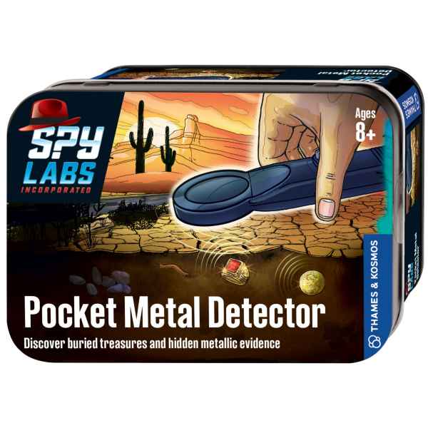 Rectangular metal tin with desert graphics showing a hand scanning the ground for a buried gold ring and coin.