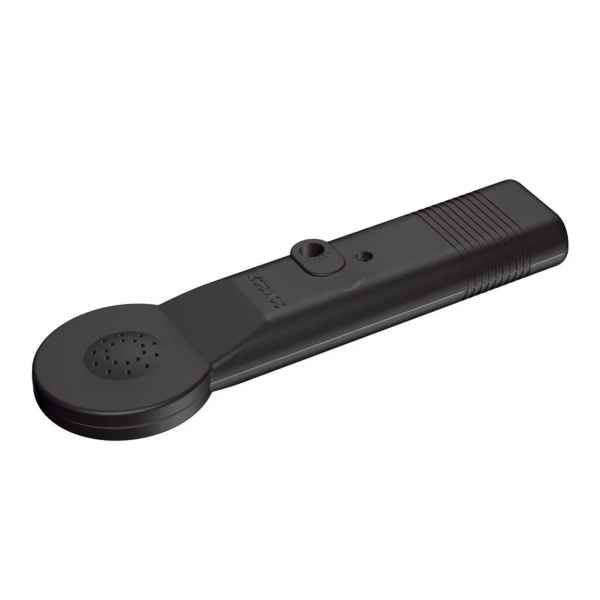 Black handheld metal detector with a round sensor head, ridged handle grip, and small speaker holes.