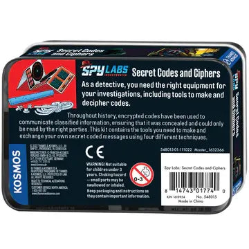 Back view of a dark blue rectangular tin for a detective kit showing spy tool illustrations and product information.