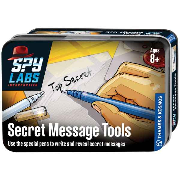 Black metal tin featuring a red hat logo and a hand writing Top Secret with a blue pen and a silver light-up tool.